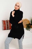 Tesettür giyim SİYAH BOĞAZLI YIRTMAÇLI TRİKO TUNİK 7092	