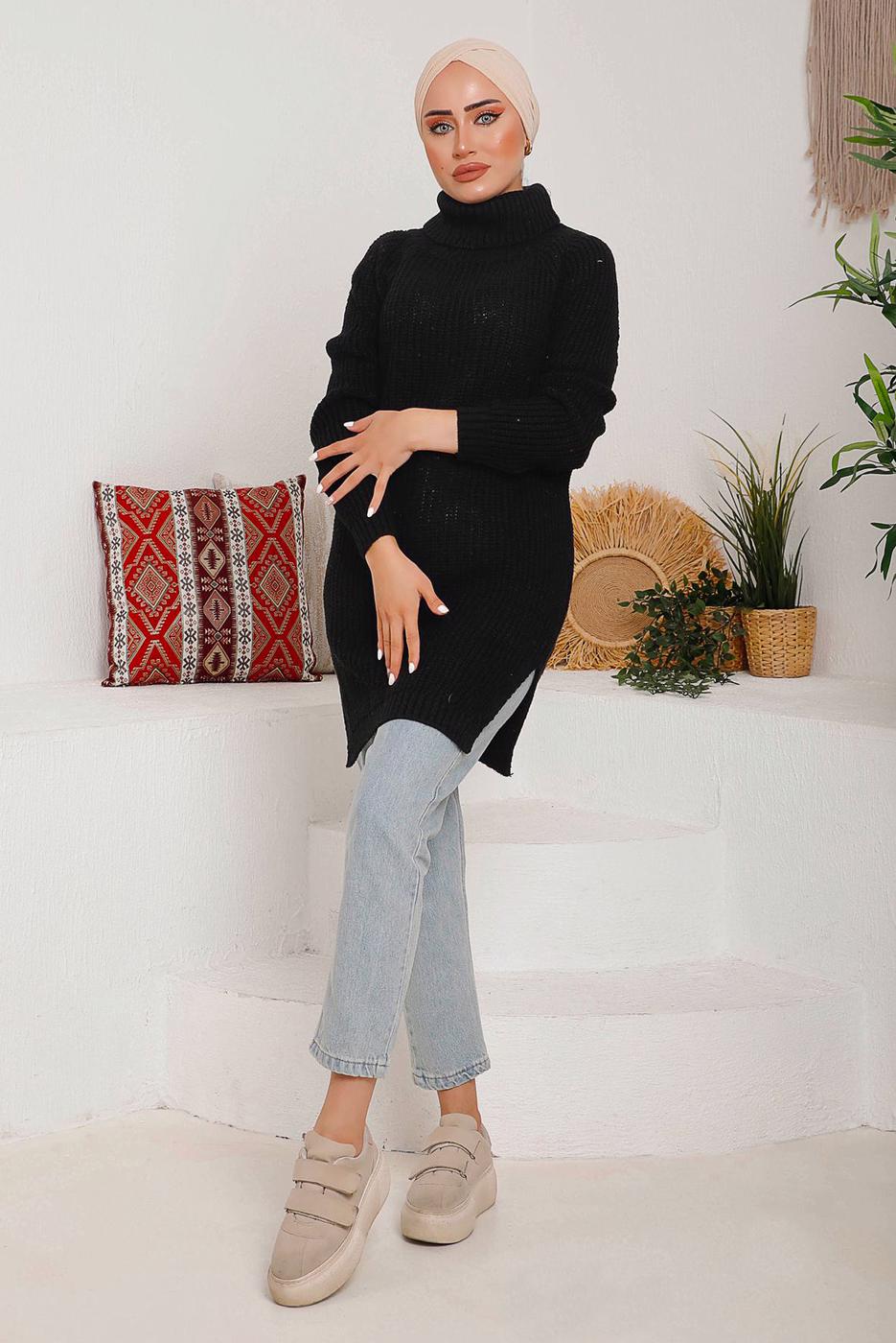Tesettür giyim SİYAH BOĞAZLI YIRTMAÇLI TRİKO TUNİK 7092	