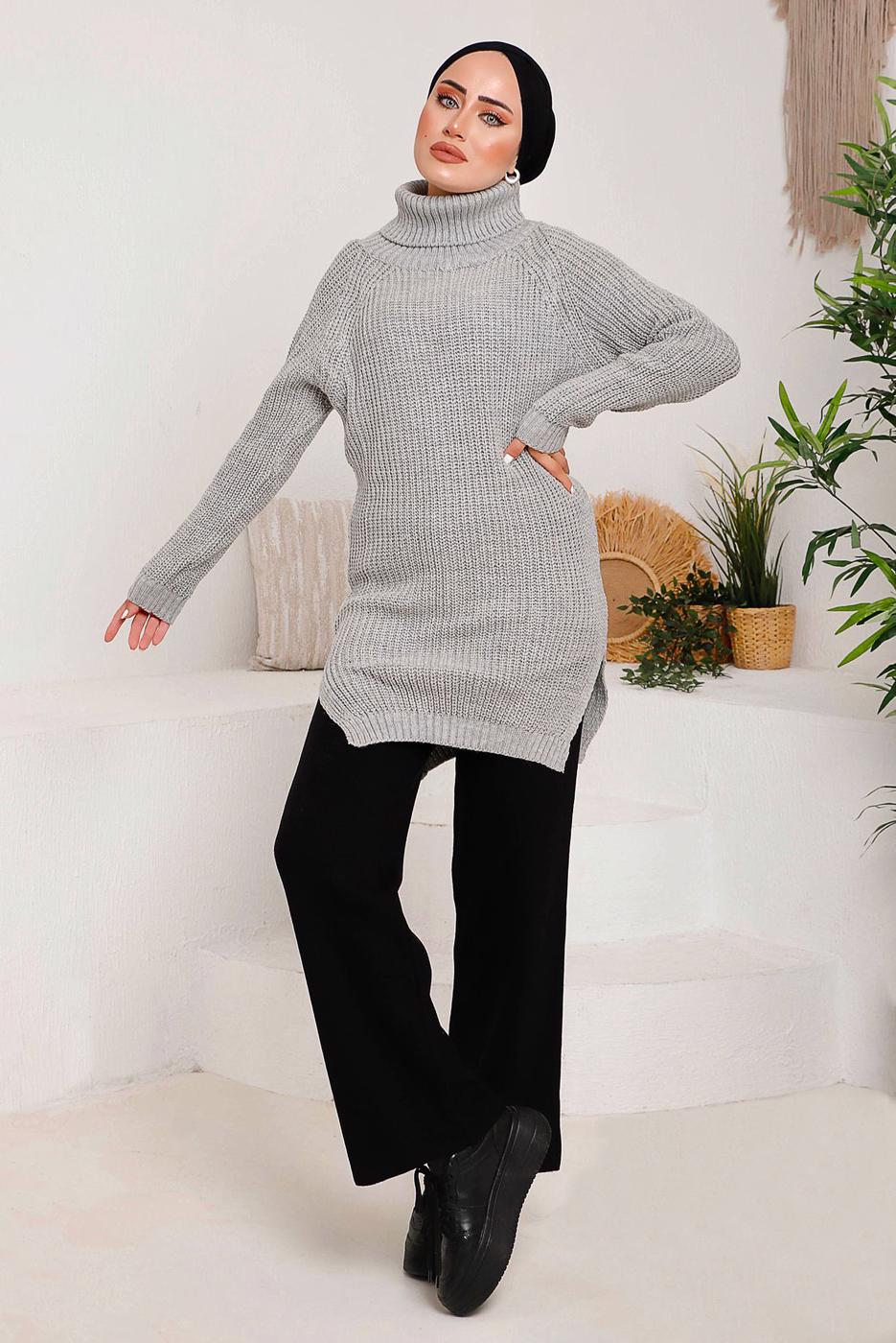 Tesettür giyim GRİ BOĞAZLI YIRTMAÇLI TRİKO TUNİK 7092	