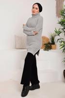 Tesettür giyim GRİ BOĞAZLI YIRTMAÇLI TRİKO TUNİK 7092	
