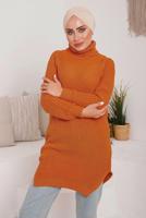 Tesettür giyim TURUNCU BOĞAZLI YIRTMAÇLI TRİKO TUNİK 7092	