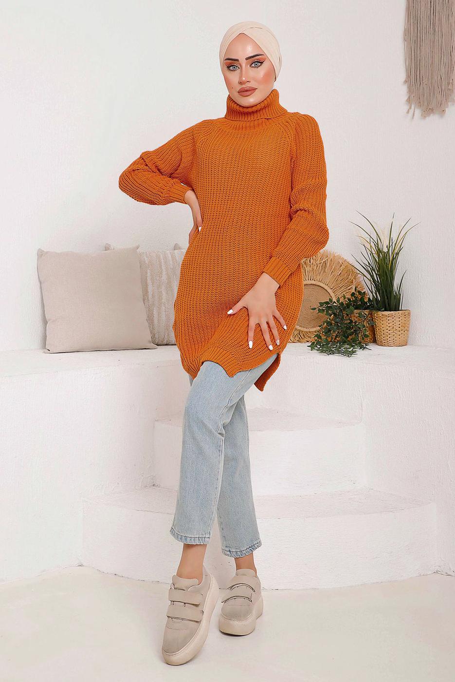 Tesettür giyim TURUNCU BOĞAZLI YIRTMAÇLI TRİKO TUNİK 7092	
