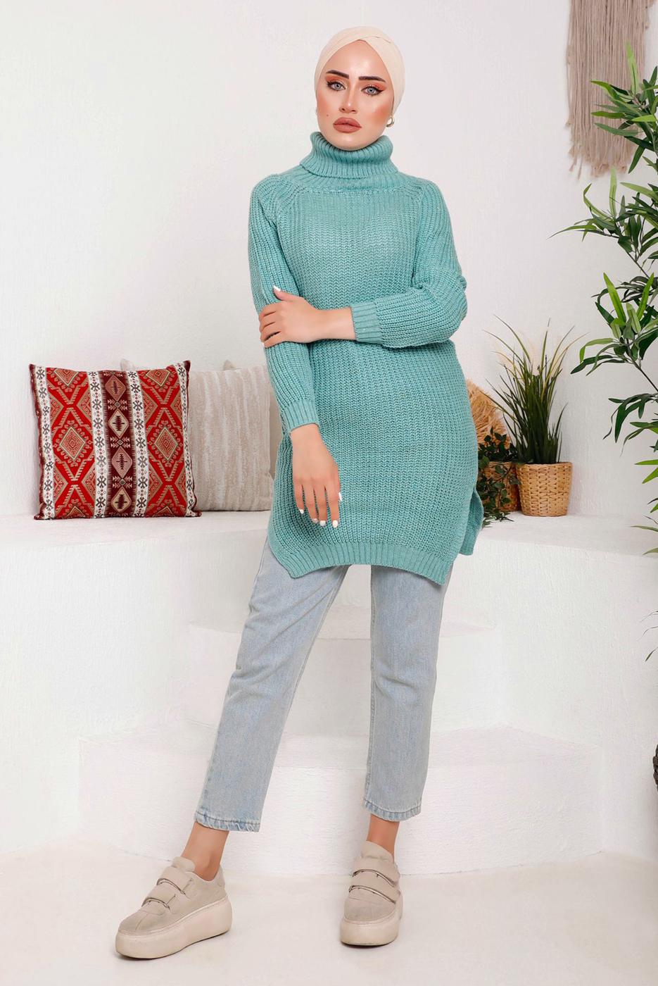 Tesettür giyim MAVİ BOĞAZLI YIRTMAÇLI TRİKO TUNİK 7092	