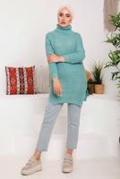 Tesettür giyim MAVİ BOĞAZLI YIRTMAÇLI TRİKO TUNİK 7092	