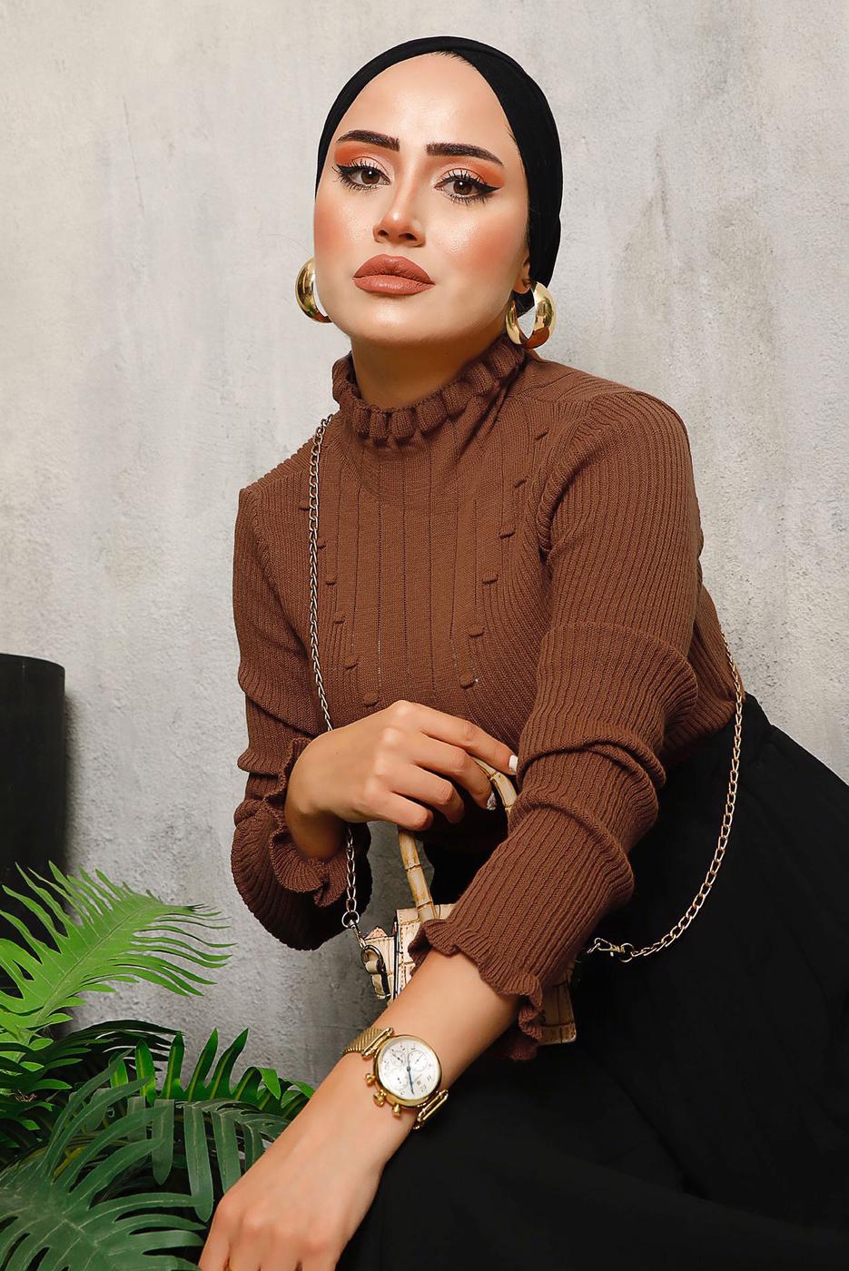 Tesettür giyim KAHVE KENDİNDEN DESENLİ TRİKO KAZAK 8092 