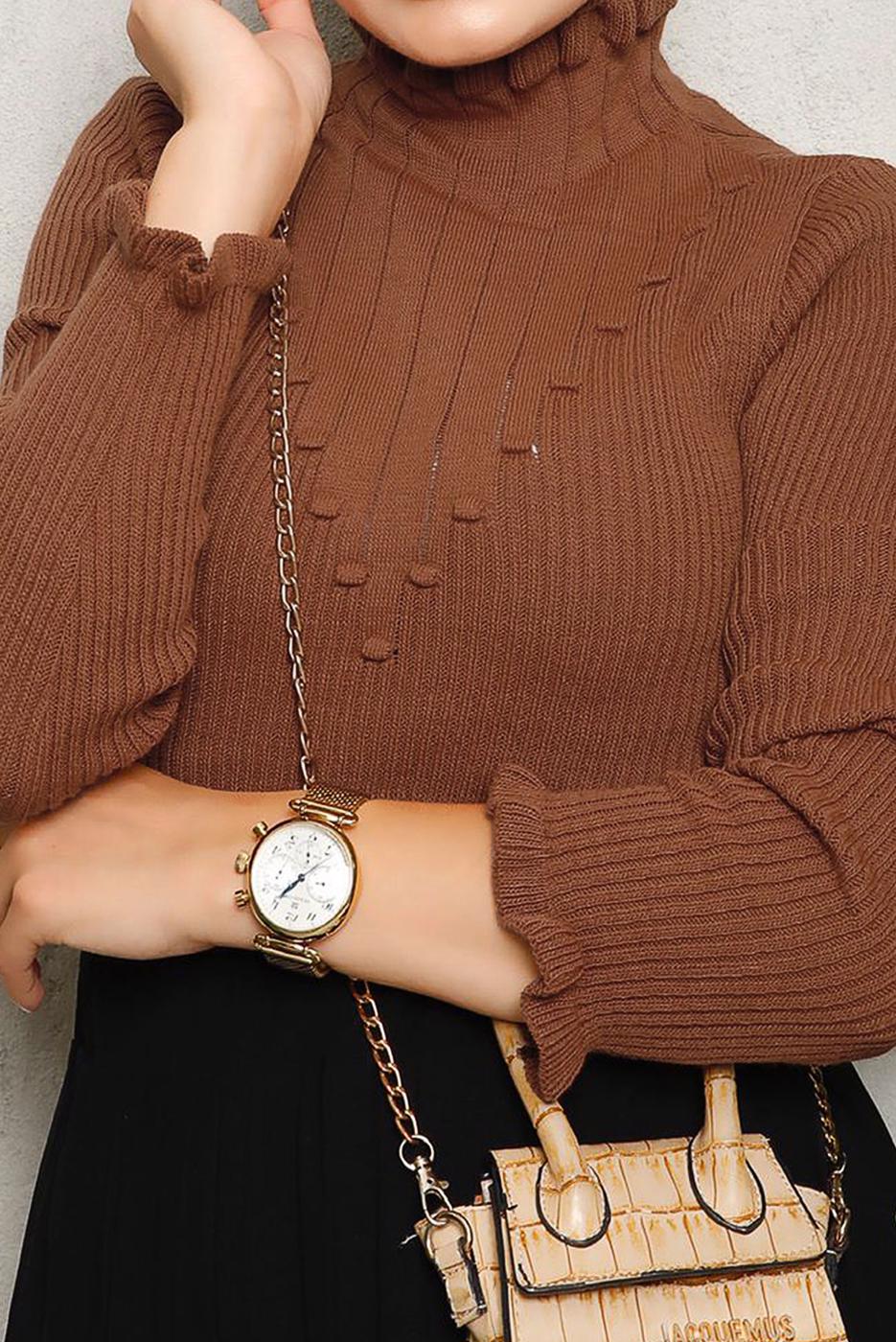 Tesettür giyim KAHVE KENDİNDEN DESENLİ TRİKO KAZAK 8092 