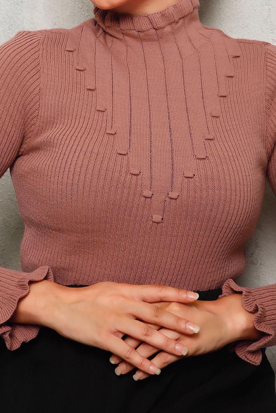 Tesettür giyim PUDRA KENDİNDEN DESENLİ TRİKO KAZAK 8092 