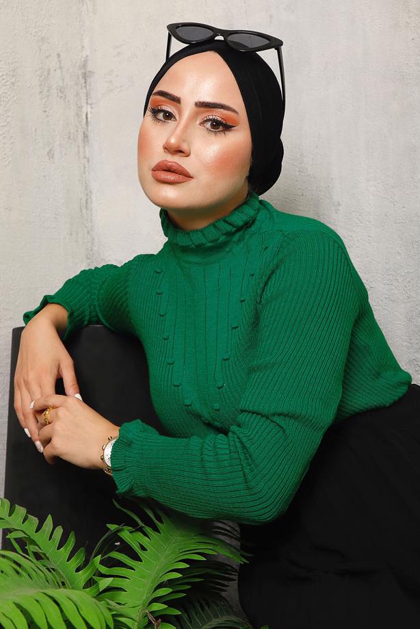 Vêtements hijab VERT PULL EN MAILLE À MOTIFS 8092 - TRENDTESETTÜR