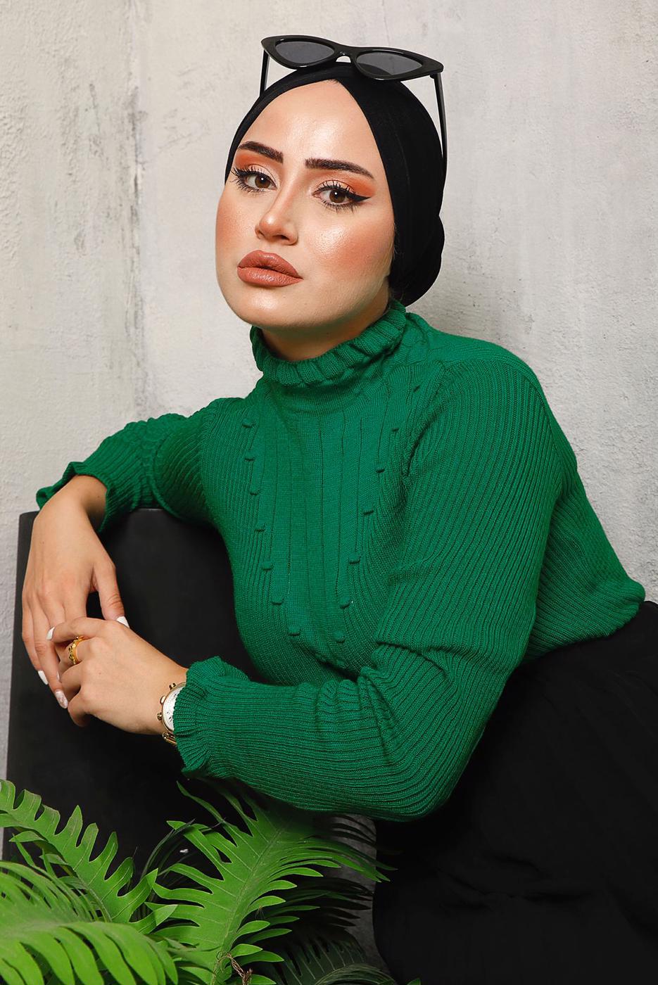 Tesettür giyim YEŞİL KENDİNDEN DESENLİ TRİKO KAZAK 8092 