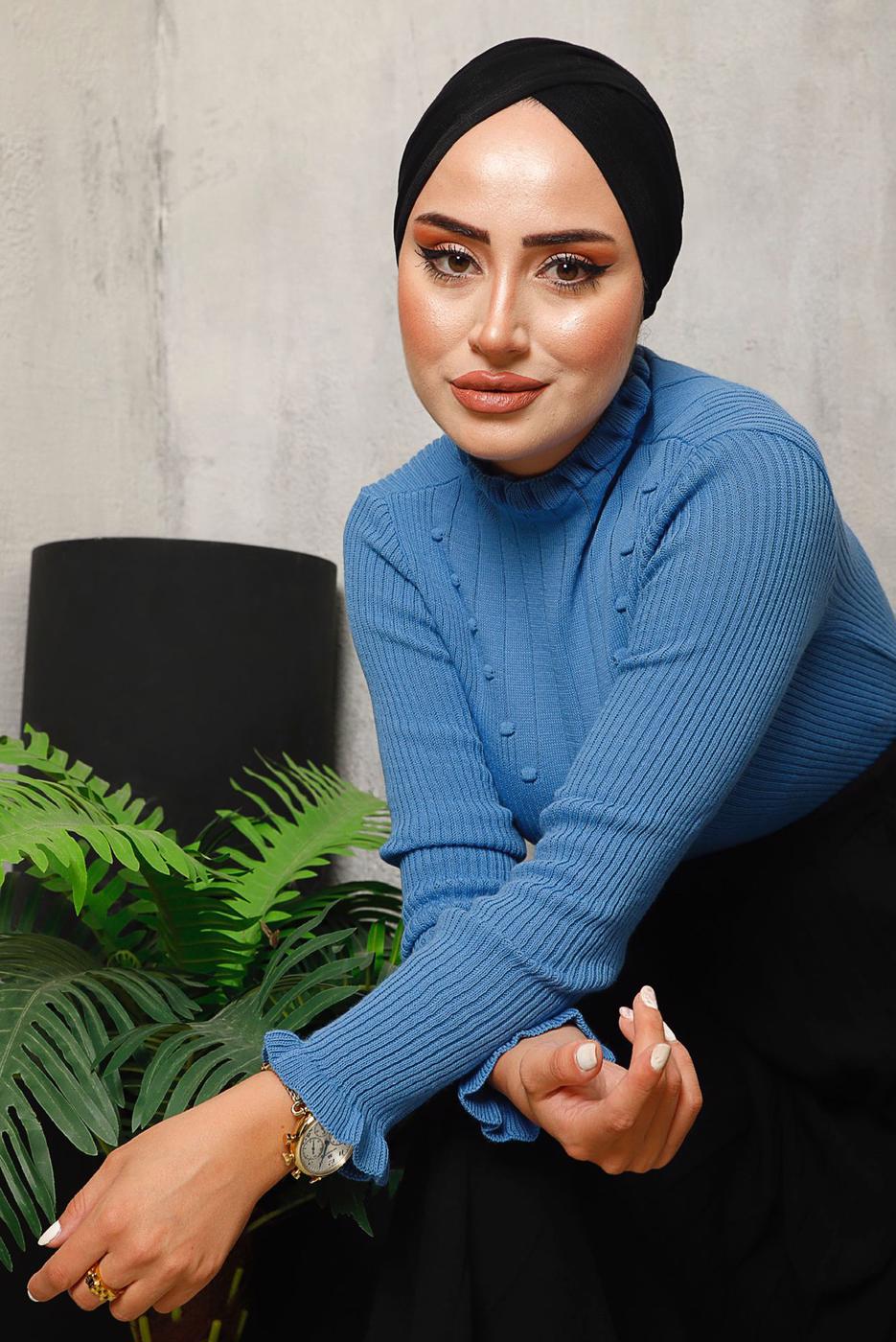 Tesettür giyim LACİVERT KENDİNDEN DESENLİ TRİKO KAZAK 8092 