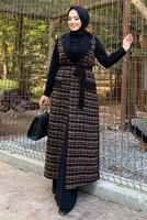 Tesettür giyim SİYAH KUŞAKLI DESENLİ KAŞE YELEK 0177