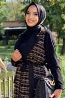 Tesettür giyim SİYAH KUŞAKLI DESENLİ KAŞE YELEK 0177