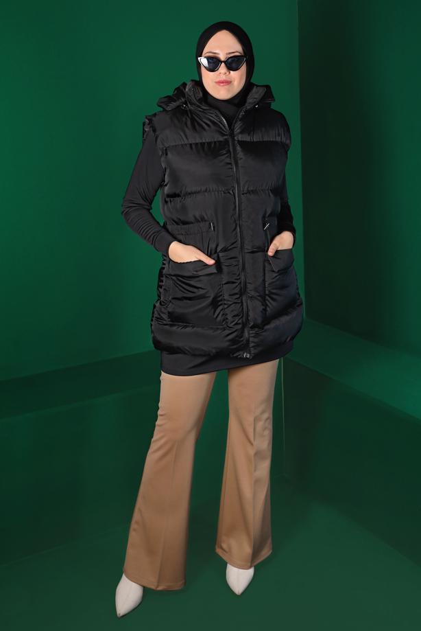 Tesettür giyim SİYAH BELİ BÜZGÜLÜ CEPLİ ŞİŞME YELEK 1010 - TRENDTESETTÜR