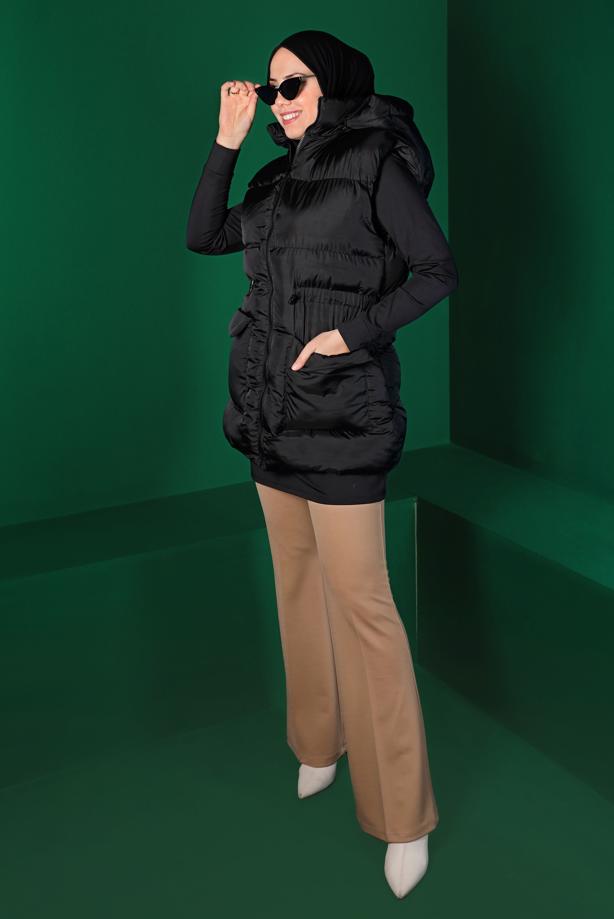 Tesettür giyim SİYAH BELİ BÜZGÜLÜ CEPLİ ŞİŞME YELEK 1010 - TRENDTESETTÜR