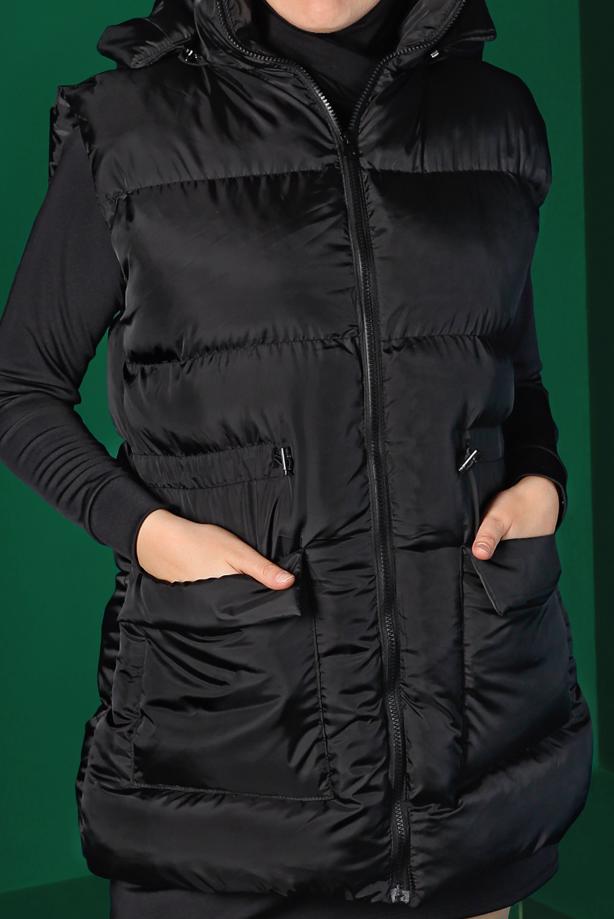 Tesettür giyim SİYAH BELİ BÜZGÜLÜ CEPLİ ŞİŞME YELEK 1010 - TRENDTESETTÜR