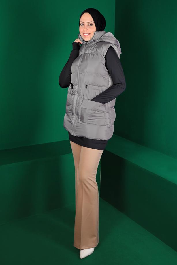 Tesettür giyim GRİ BELİ BÜZGÜLÜ CEPLİ ŞİŞME YELEK 1010 - TRENDTESETTÜR