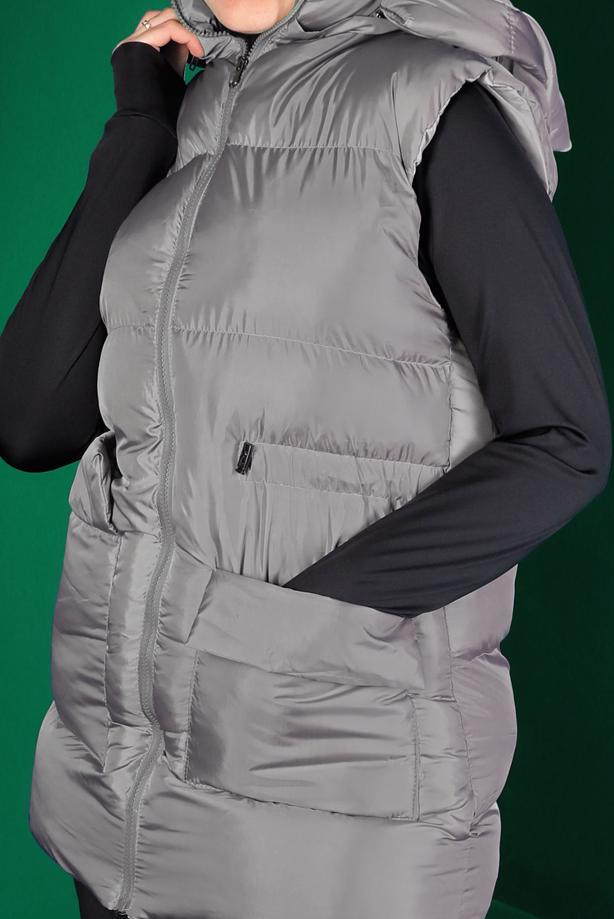 Tesettür giyim GRİ BELİ BÜZGÜLÜ CEPLİ ŞİŞME YELEK 1010 - TRENDTESETTÜR