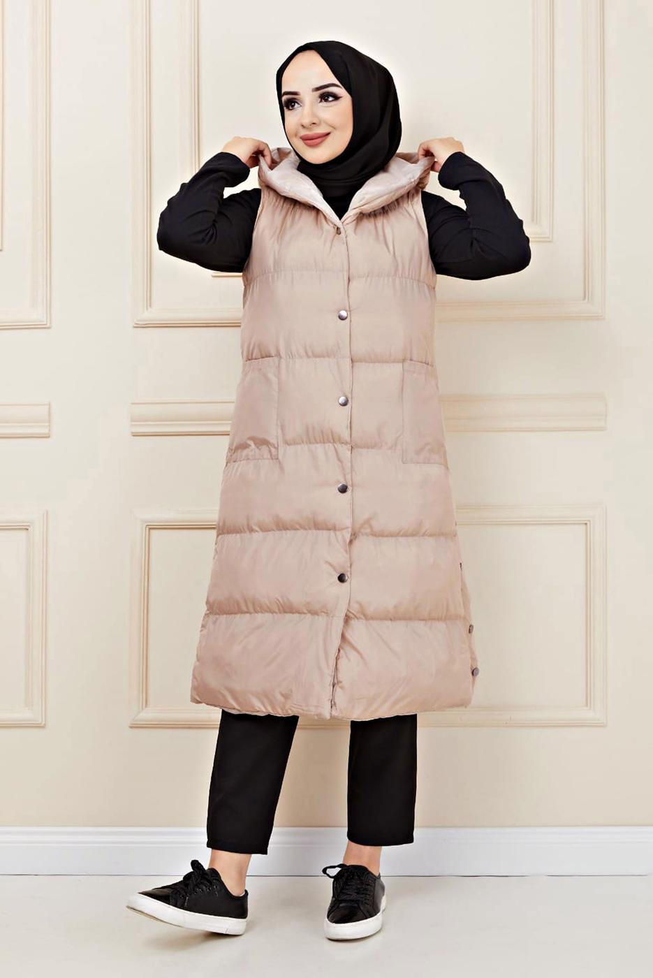 Tesettür giyim BEJ ÇITÇITLI ŞİŞME YELEK 1436