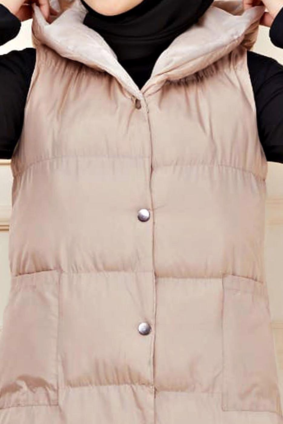 Tesettür giyim BEJ ÇITÇITLI ŞİŞME YELEK 1436