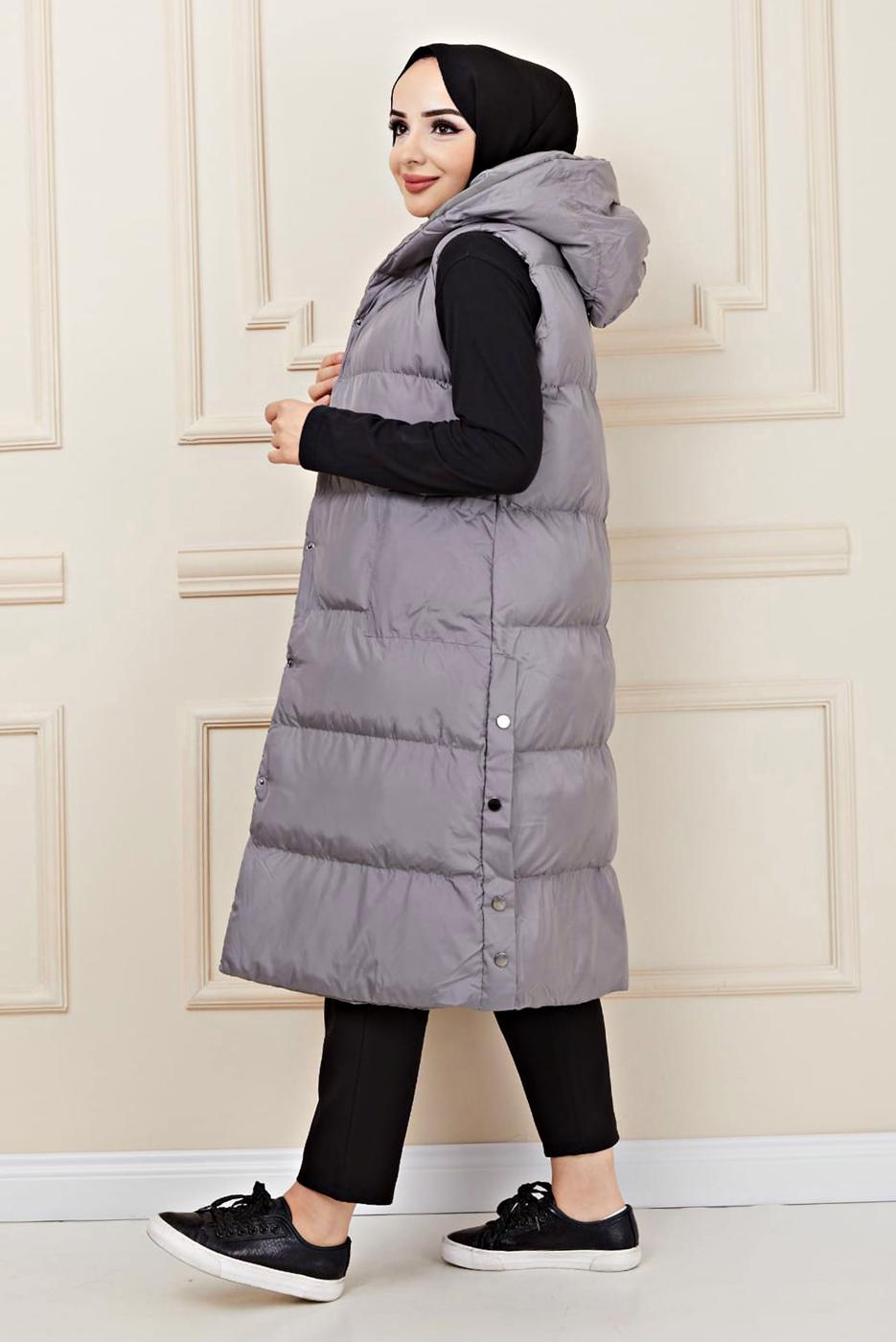 Tesettür giyim GRİ ÇITÇITLI ŞİŞME YELEK 1436