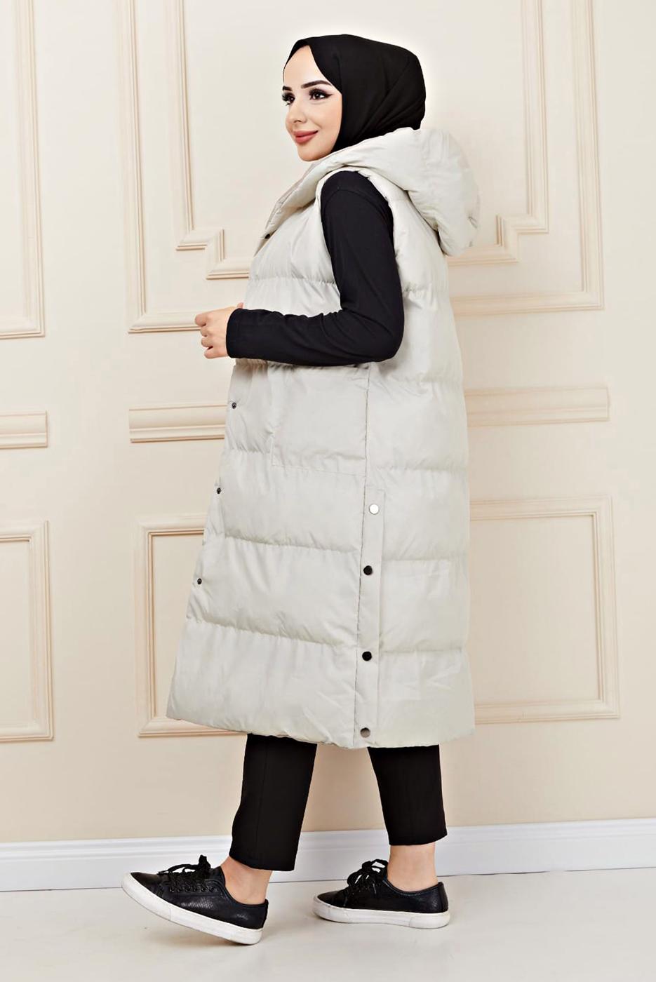Tesettür giyim EKRU ÇITÇITLI ŞİŞME YELEK 1436