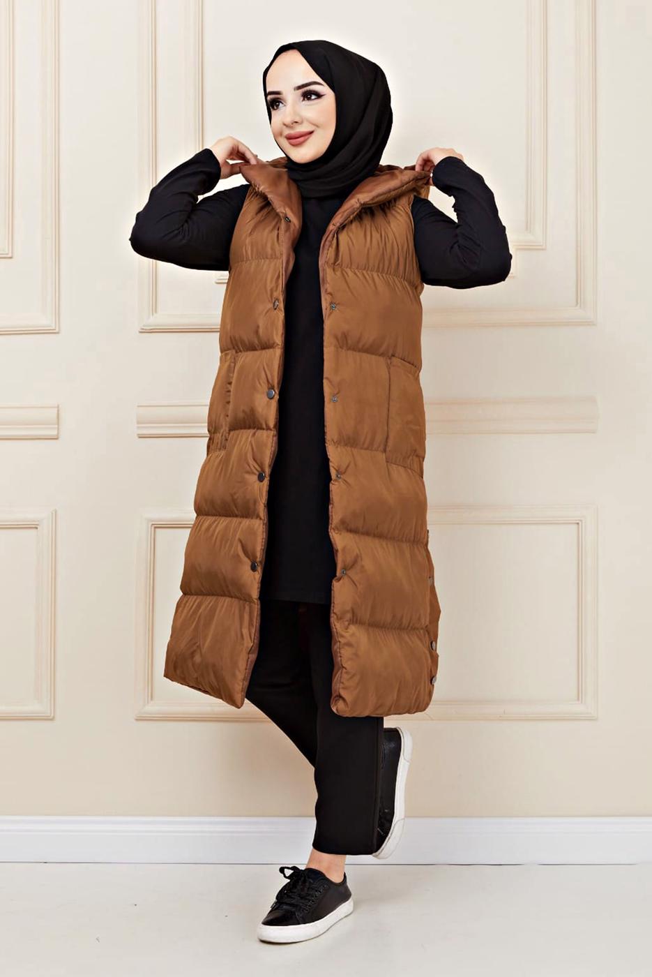 Tesettür giyim TABA ÇITÇITLI ŞİŞME YELEK 1436