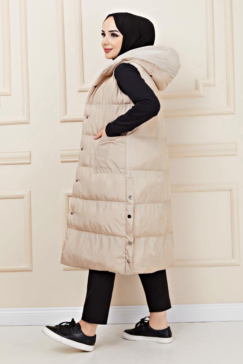Tesettür giyim BEJ ÇITÇITLI ŞİŞME YELEK 1436