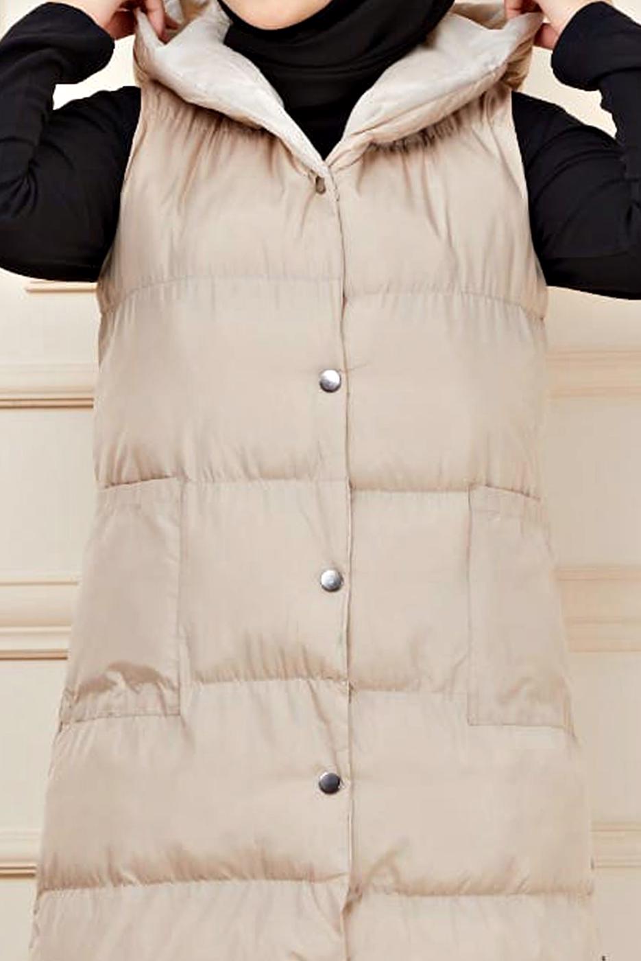 Tesettür giyim BEJ ÇITÇITLI ŞİŞME YELEK 1436