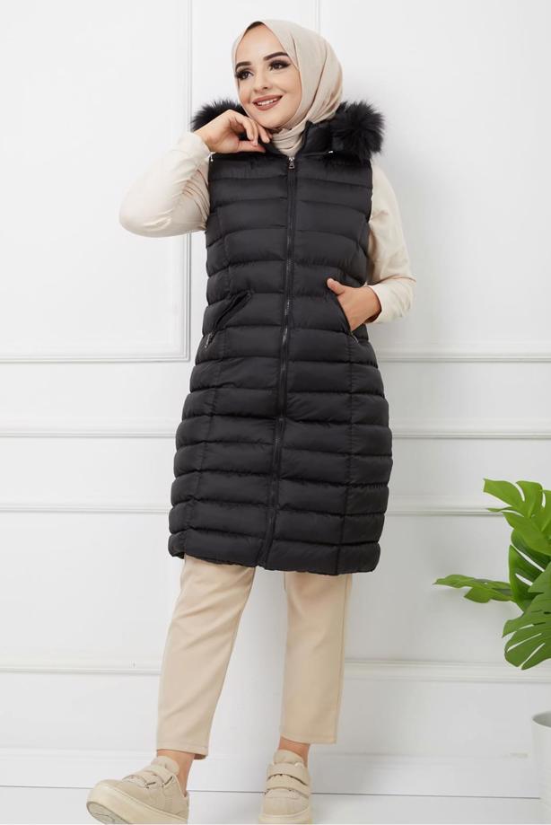 Tesettür giyim SİYAH FERMUARLI KAPÜŞONLU  ŞİŞME YELEK 1451  - TRENDTESETTÜR