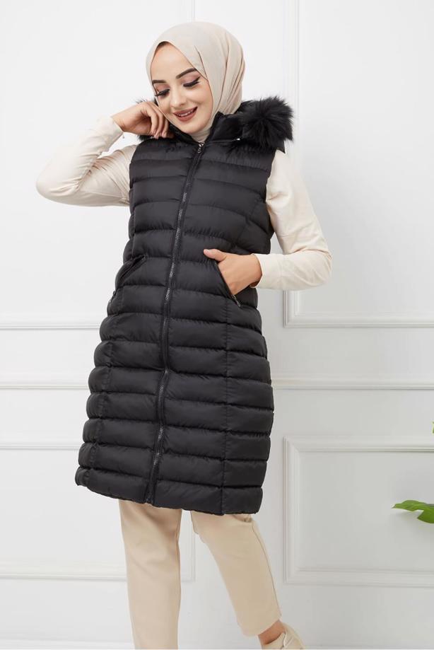 Tesettür giyim SİYAH FERMUARLI KAPÜŞONLU  ŞİŞME YELEK 1451  - TRENDTESETTÜR