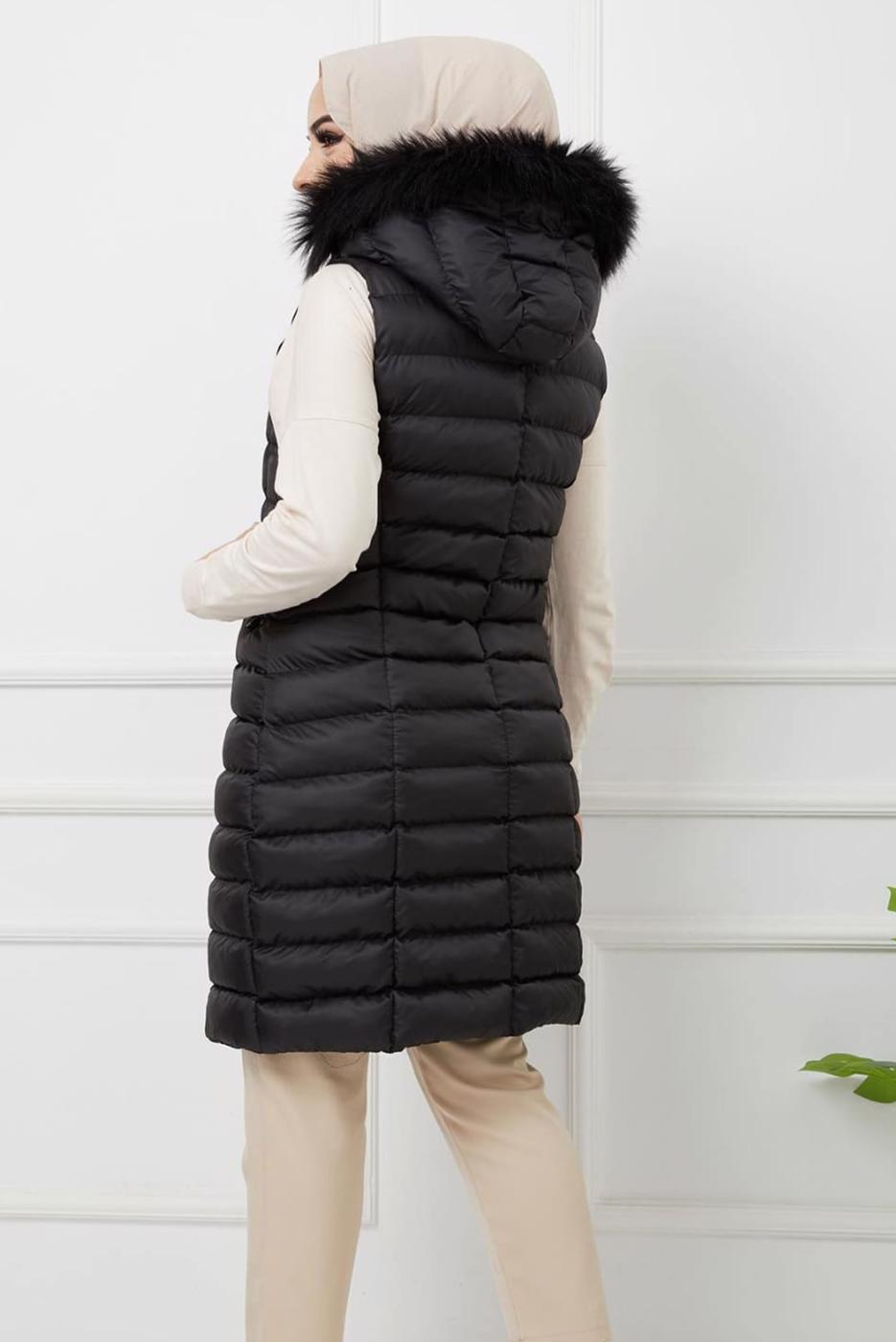 Tesettür giyim SİYAH FERMUARLI KAPÜŞONLU  ŞİŞME YELEK 1451 