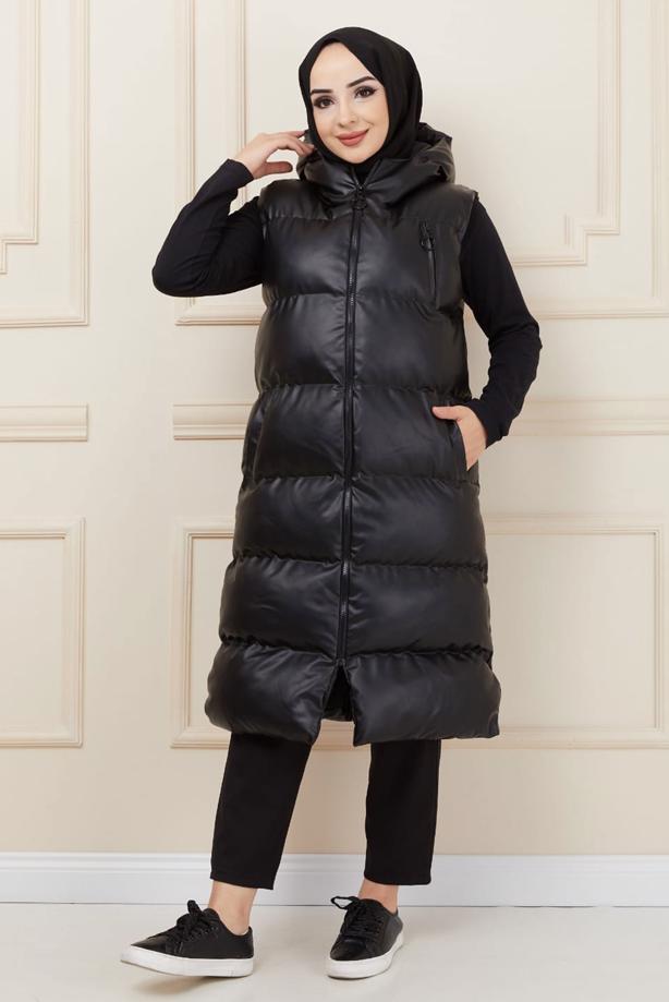 Tesettür giyim SİYAH DERİ ŞİŞME YELEK 1453  - TRENDTESETTÜR
