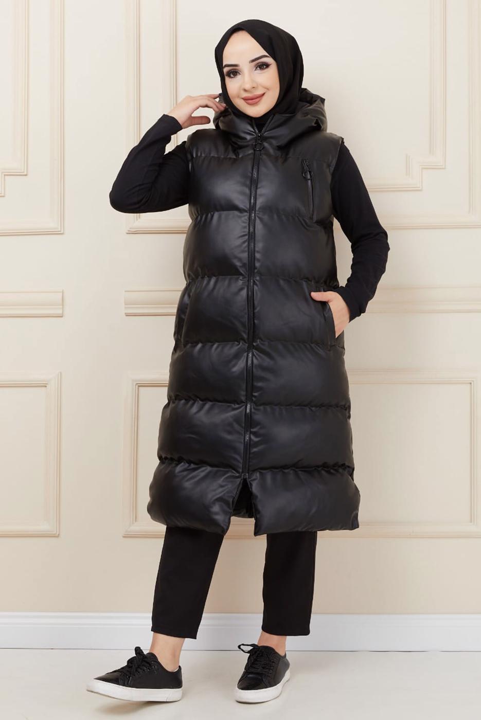 Tesettür giyim SİYAH DERİ ŞİŞME YELEK 1453 