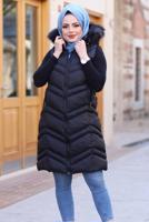 Tesettür giyim SİYAH KAPÜŞONLU FERMUARLI ŞİŞME YELEK 1502 