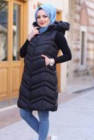 Tesettür giyim SİYAH KAPÜŞONLU FERMUARLI ŞİŞME YELEK 1502 