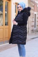 Tesettür giyim SİYAH KAPÜŞONLU FERMUARLI ŞİŞME YELEK 1502 