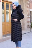 Tesettür giyim SİYAH KAPÜŞONLU CEPLİ ŞİŞME YELEK 1503 