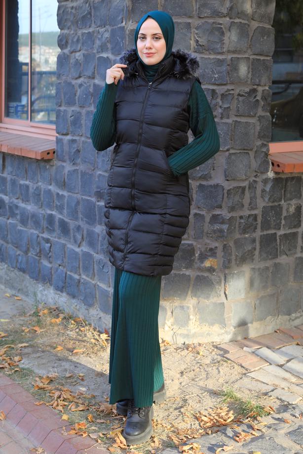 Tesettür giyim SİYAH FERMUARLI KAPÜŞONLU ŞİŞME YELEK 4040  - TRENDTESETTÜR