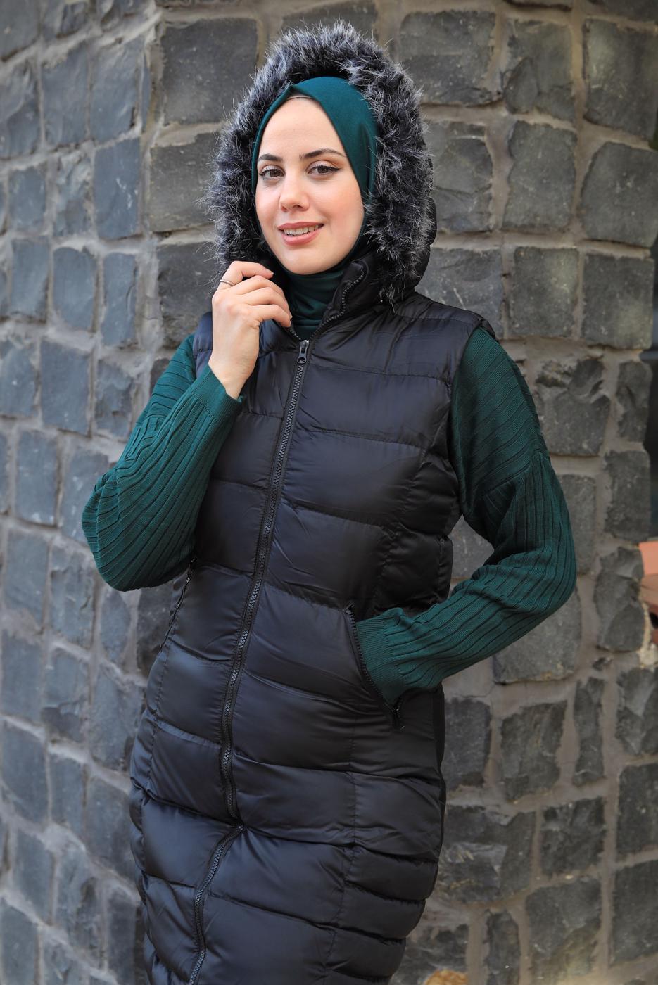 Tesettür giyim SİYAH FERMUARLI KAPÜŞONLU ŞİŞME YELEK 4040 
