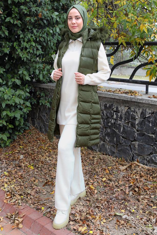 Tesettür giyim HAKİ FERMUARLI KAPÜŞONLU ŞİŞME YELEK 4040  - TRENDTESETTÜR