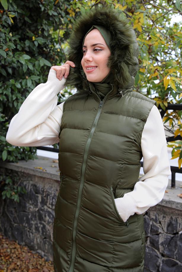 Tesettür giyim HAKİ FERMUARLI KAPÜŞONLU ŞİŞME YELEK 4040  - TRENDTESETTÜR