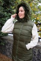 Tesettür giyim HAKİ FERMUARLI KAPÜŞONLU ŞİŞME YELEK 4040 