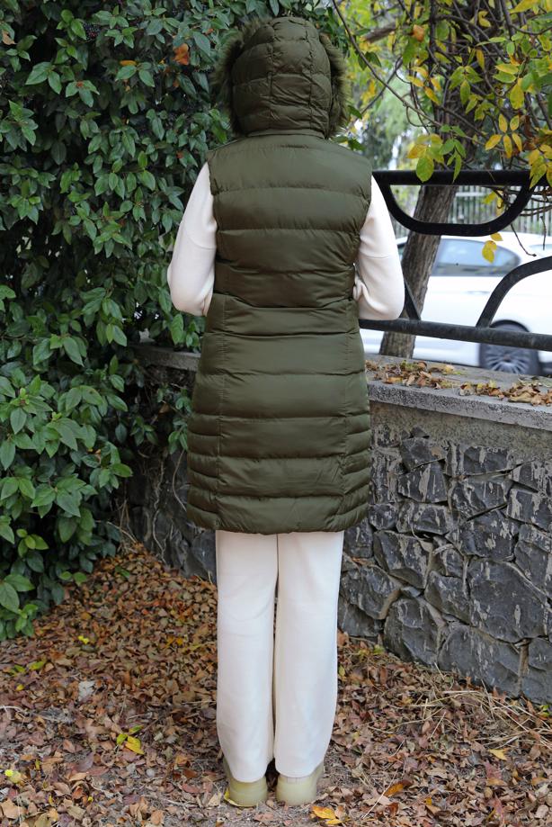 Tesettür giyim HAKİ FERMUARLI KAPÜŞONLU ŞİŞME YELEK 4040  - TRENDTESETTÜR