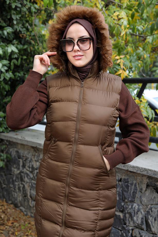 Tesettür giyim TABA FERMUARLI KAPÜŞONLU ŞİŞME YELEK 4040  - TRENDTESETTÜR