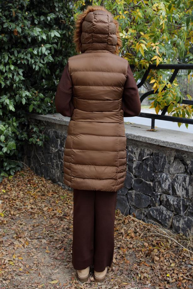 Tesettür giyim TABA FERMUARLI KAPÜŞONLU ŞİŞME YELEK 4040  - TRENDTESETTÜR