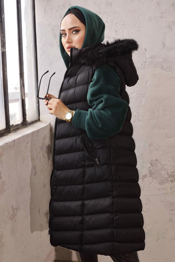 Tesettür giyim SİYAH CEPLİ KAPÜŞONLU ŞİŞME YELEK 4429  - TRENDTESETTÜR