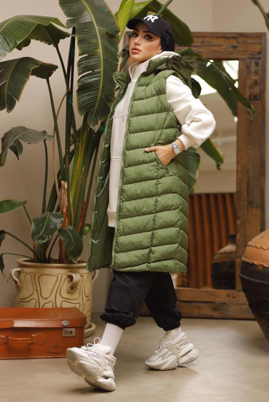 Tesettür giyim HAKİ CEPLİ KAPÜŞONLU ŞİŞME YELEK 4429 