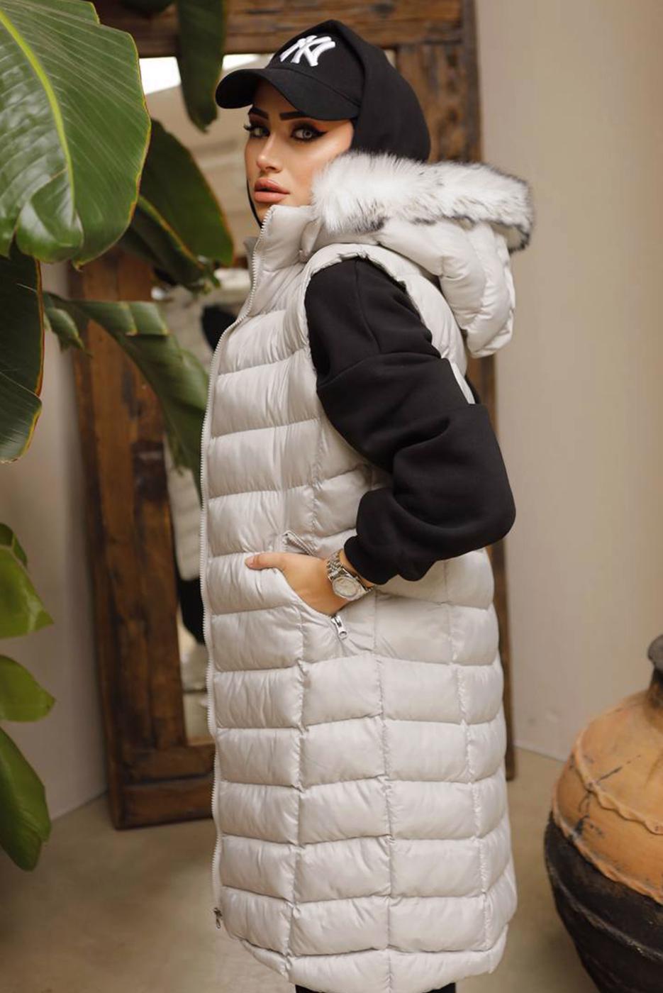 Tesettür giyim BEJ CEPLİ KAPÜŞONLU ŞİŞME YELEK 4429 