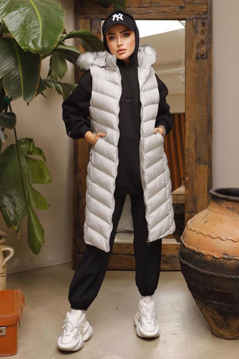 Tesettür giyim BEJ CEPLİ KAPÜŞONLU ŞİŞME YELEK 4429 