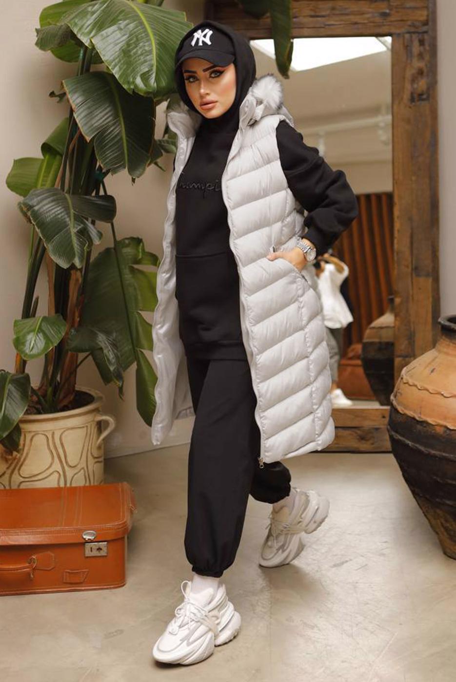 Tesettür giyim BEJ CEPLİ KAPÜŞONLU ŞİŞME YELEK 4429 